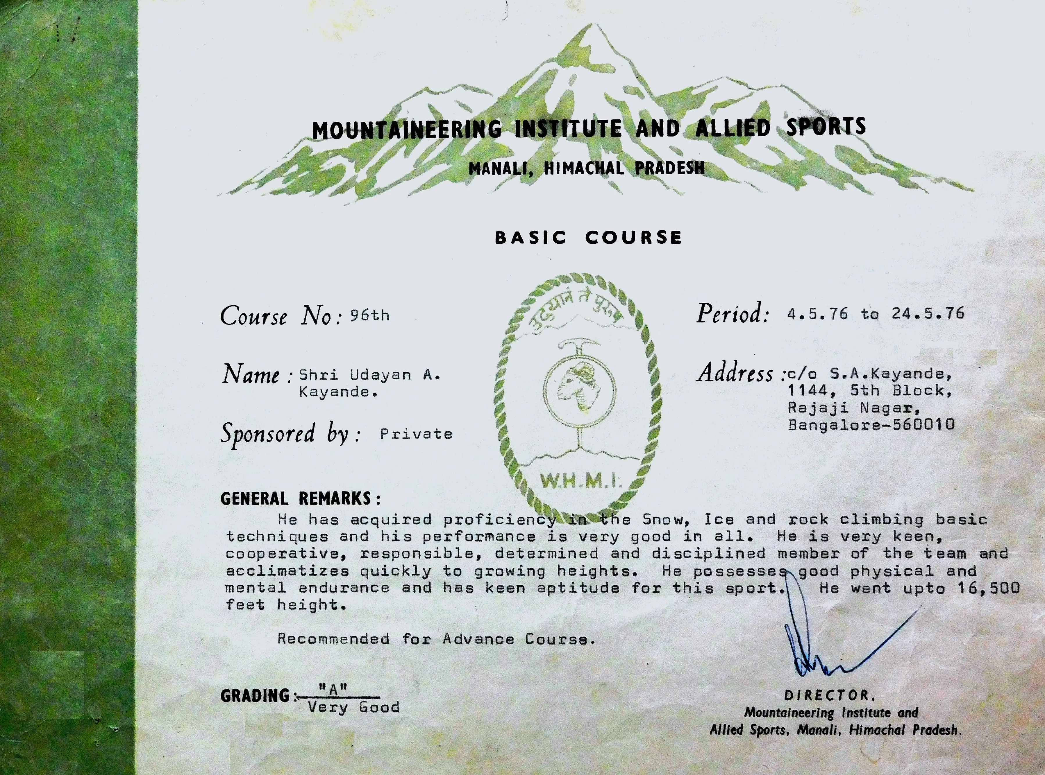 Mountaineering Certificate - Udayan Kayande
